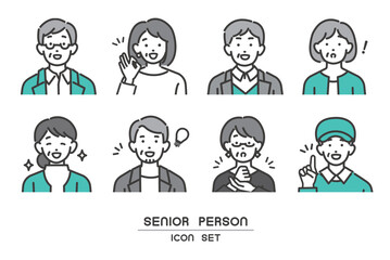 笑顔や驚いたりしている、シニアの顔アイコンのベクターイラスト素材／男女／オシャレ／アイコン