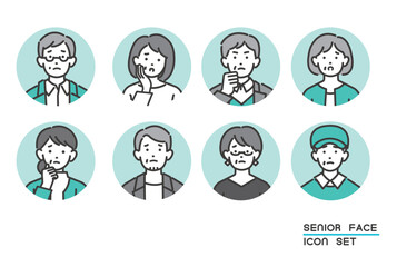 困ったり悩んだりしている、シニアの顔アイコンのベクターイラスト素材／男女／オシャレ／アイコン
