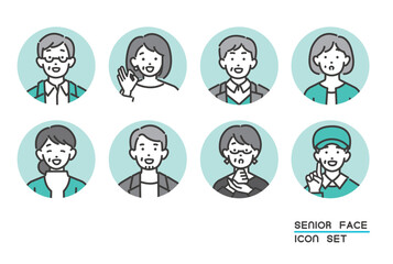 笑顔や驚いたりしている、シニアの顔アイコンのベクターイラスト素材／男女／オシャレ／アイコン