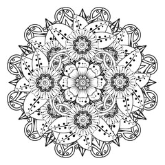 Circular pattern in form of mandala for Henna, Mehndi, tattoo, decoration. Decorative ornament in ethnic oriental style. Coloring book page.