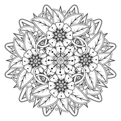 Circular pattern in form of mandala for Henna, Mehndi, tattoo, decoration. Decorative ornament in ethnic oriental style. Coloring book page.