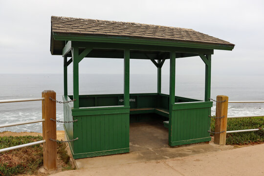 One of the historic green huts with view to the ocean La Jolla, California.