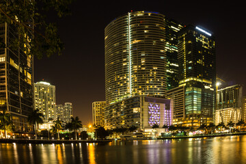 Cityscape in long exposure photo of Miami, State of Florida, USA.
