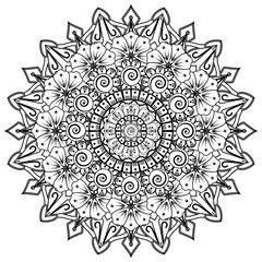 Circular pattern in form of mandala for Henna, Mehndi, tattoo, decoration. Decorative ornament in ethnic oriental style. Coloring book page.