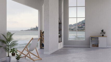 Modern white contemporary beach house with beach chair and terrace through the ocean
