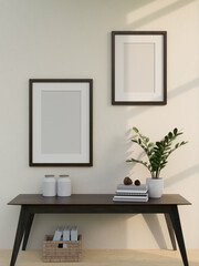Obraz na płótnie Canvas Picture frame mockup on white wall over minimal dark wood table with decors