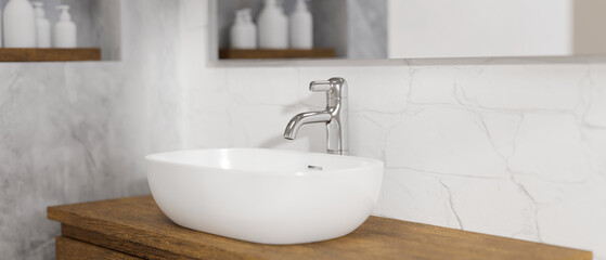 Obraz na płótnie Canvas Minimal wood bathroom countertop with ceramic vessel sink, faucet and mirror on white wall