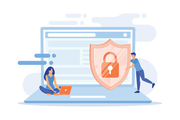 Tiny people businessman with shield protecting data on laptop. Data privacy, information privacy regulation, personal data protection concept. flat vector modern illustration