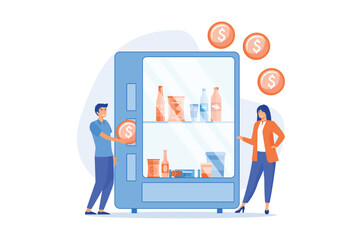 Consumer inserts dollar coin into vending machine and buys snacks and drink. Vending machine service, vending business, self-service machine concept. flat vector modern illustration