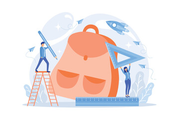 Students put pencil and ruler into backpack. Back to school bash services, free backpacks and school supplies, preparing for new school year concept. flat vector modern illustration