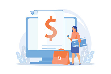 Credit card transactions. Payment conditions, purchase terms, online banking. Female buyer using e payment technology. Businesswoman returning money loan flat vector modern illustration