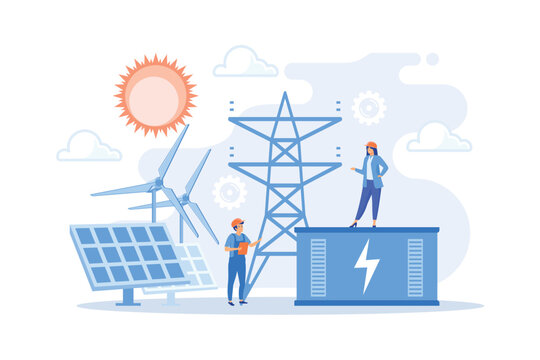 Battery energy storage from renewable solar and wind power station. Energy storage, energy collection methods, electrical power grid concept. flat vector modern illustration