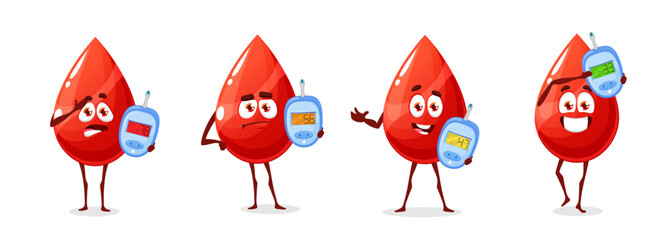 Diabetes characters, cartoon blood drops with glucometer for meter sugar level, vector personages. Heart with glucose test for insulin check, happy, normal and high sad hearts with diabetes glucometer