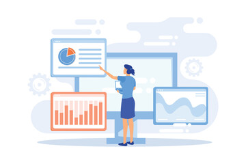 Statistical data research, company performance indicators, return on investment. Percentage ratio, indexes fluctuation, significative change. flat vector modern illustration - obrazy, fototapety, plakaty