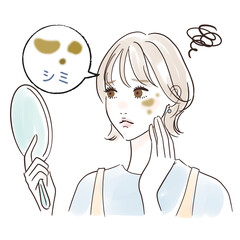 鏡を見る女性のイラスト　シミが気になる