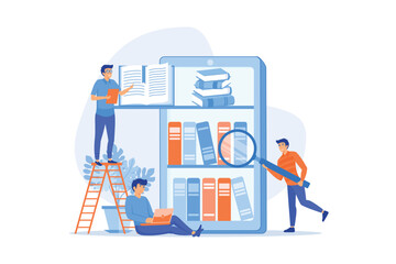 Tablet with bookshelves and students searching and reading information. Digital learning, online database, content storing and searching, ebooks concept. flat vector modern illustration © Alwie99d