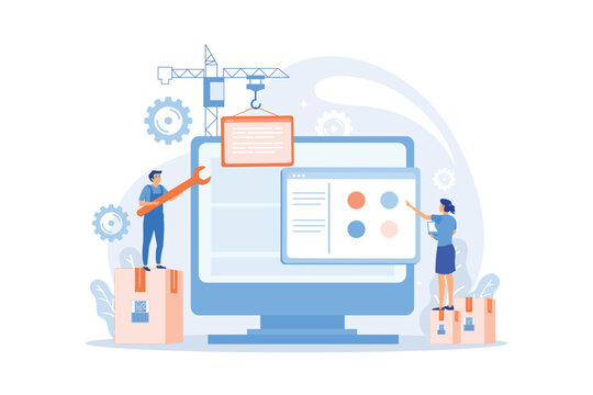 It professionals are creating web site on the laptop screen. Website development or web application, coding, designing for web browsers concept. flat vector modern illustration