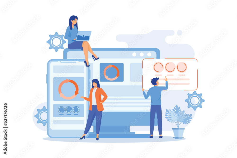 Fototapete Developers at computer and smartphone working on single page app, tiny people. Single page application, SPA web page, web development trend concept. flat vector modern illustration
