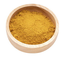 Turmeric Powder in a wooden Bowl on white background, Curry Powder isolated on white background PNG file.