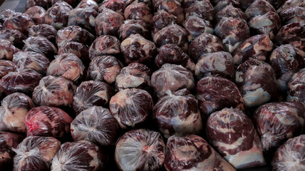 Raw meat inside plastic bag ready to be distributed to muslims in needs during Eid Al-Adha Al Mubarak or the Hari Raya Qurban.