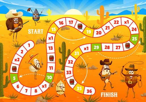 Step board game worksheet. Cartoon wild west cowboy, bandit and ranger nut characters. Kids playing activity, dice game vector worksheet with coconut, cashew and walnut, sunflower and pumpkin seeds