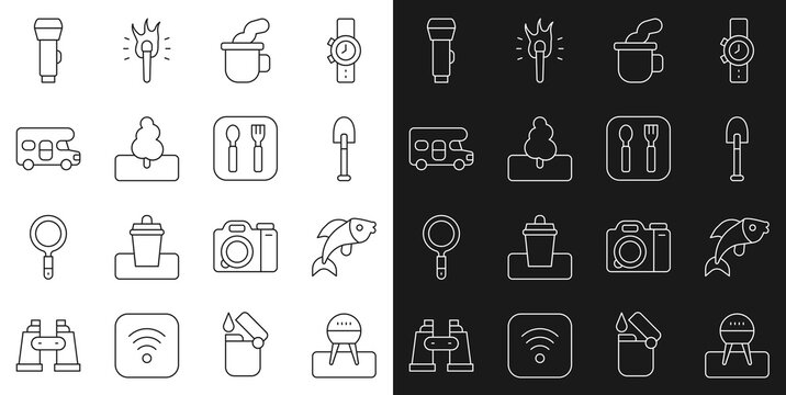Set line Barbecue grill, Fish, Shovel, Cup of tea, Tree, RV motorhome vehicle, Flashlight and Fork and spoon icon. Vector