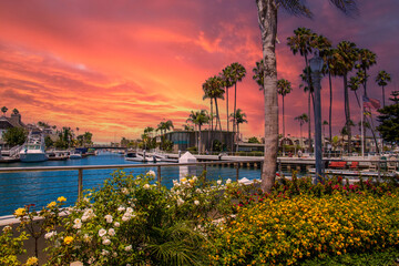 a gorgeous summer landscape at Naples Canals with boats docks along the banks on blue ocean water with lush green palm trees and colorful flowers with powerful clouds at sunset in Long Beach
