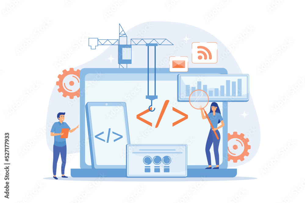Poster engineer and developer with laptop and tablet code. cross-platform development, cross-platform opera