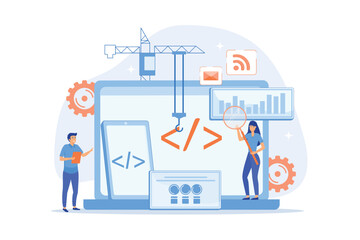Obraz na płótnie Canvas Engineer and developer with laptop and tablet code. Cross-platform development, cross-platform operating systems and software environments concept. flat vector modern illustration