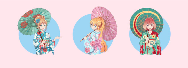 Anime manga girl in kimono and umbrella. Round Icons - obrazy, fototapety, plakaty