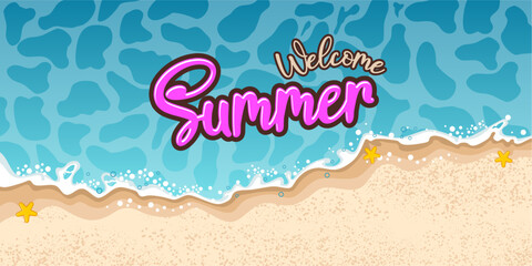 Welcome  summer beach and ocean high angle view background banner. Vector illustration.