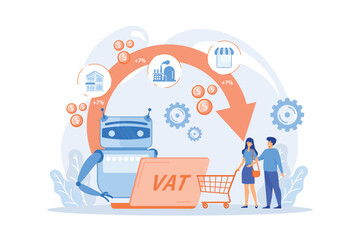 Artificial intelligence, ai calculating taxation multiplier. Value added tax system, VAT number validation, global taxation control concept. flat vector modern illustration