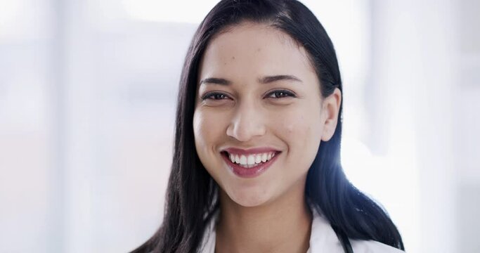 Doctor, clinical pathologist and phd scientist smile, laugh and happy in medical research laboratory. Portrait face of proud, successful and motivation healthcare employee, science worker and expert