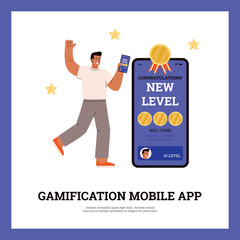 Gamification mobile app, happy man reaches new level, poster template flat vector illustration.