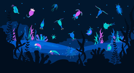 Underwater world with plankton and tiny microorganisms, flat vector illustration. - obrazy, fototapety, plakaty