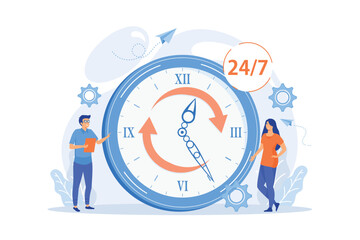 Obraz na płótnie Canvas Businessman and woman near huge clock with round arrows working 24 7. 24 7 service, business time schedule, extended working hours concept. flat vector modern illustration