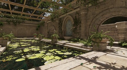 Ancient palace abandoned in the forest pool 3d illustration