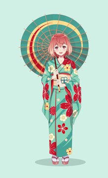 Anime manga girls in kimono holding paper umbrella