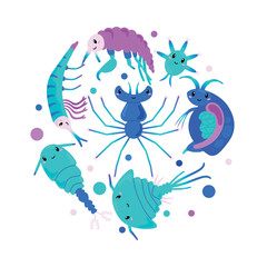 Aquatic crustaceans and zooplankton decorative banner flat vector isolated.