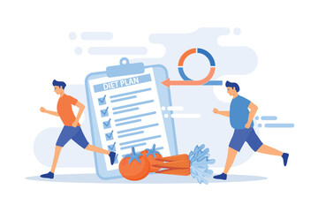 Businessman running and losing weight with diet plan and healthy food, tiny people. Weight loss diet, low-carb diet, healthy meal food concept. flat vector modern illustration