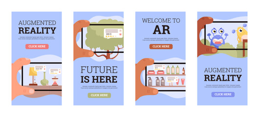 Augmented reality web banners set, people using smartphones with computer generated information, vector illustration.