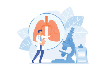 Doctor examines huge lungs desease and microscope. Obstructive pulmonary disease, chronic bronchitis and emphysema concept on white background. flat vector modern illustration - obrazy, fototapety, plakaty
