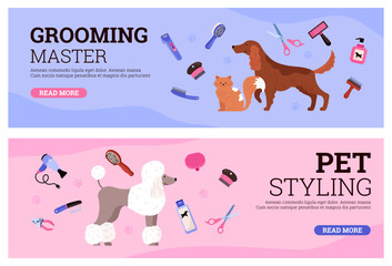 Set of website banners about pet grooming and styling service flat style