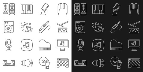 Set line Guitar amplifier, Computer with music note, Drum drum sticks, Microphone, Music tone, Stereo speaker and Audio jack icon. Vector
