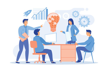 Business team brainstorm idea and lightbulb from jigsaw. Working team collaboration, enterprise cooperation, colleagues mutual assistance concept. flat vector modern illustration