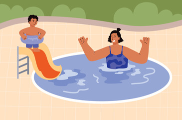 Swimming pool with mother and child cartoon characters flat vector illustration.