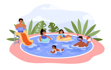 Children relaxing in swimming pool flat style, vector illustration