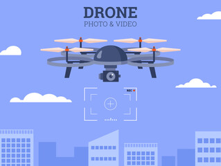 Modern drone for photography and videography work, flat vector illustration.