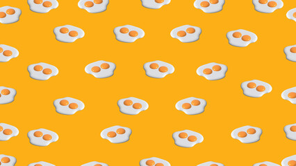 Seamless pattern with fried twin eggs on yellow background by vector 3d concept