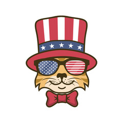 cartoon cat wearing hat and glasses with american independent day concept design